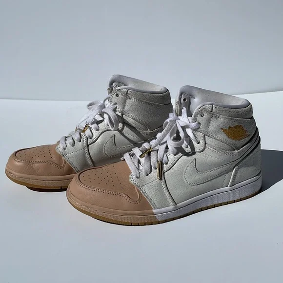 Dipped Retro Air Jordan 1 high top lustre white leather with tan toe & gold logo - Picture 4 of 10